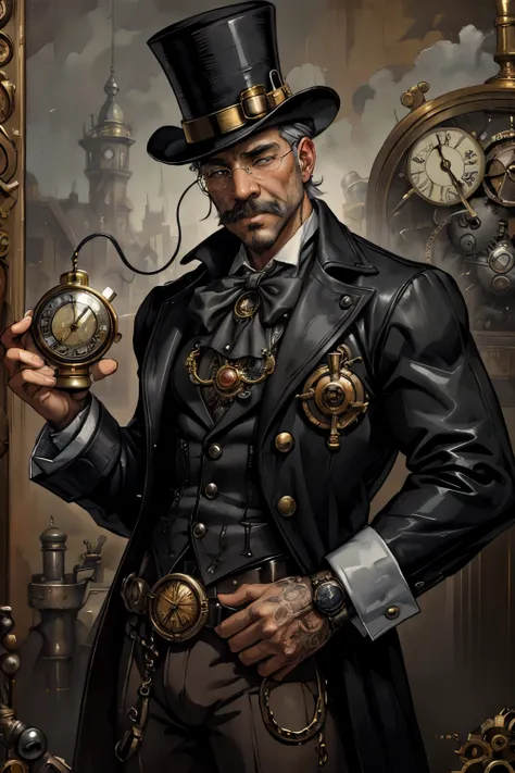 An old, evil scientist wearing steampunk monocle, top hat with steampunk clocks, masterpiece, intricate details, gray mustache (surreal), ((oil painting(medium))), fantasy art, gray mustache