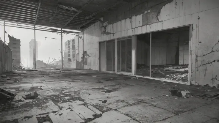 Create a destroyed concrete floor around destroyed buildings for anime scenes with large black and white details