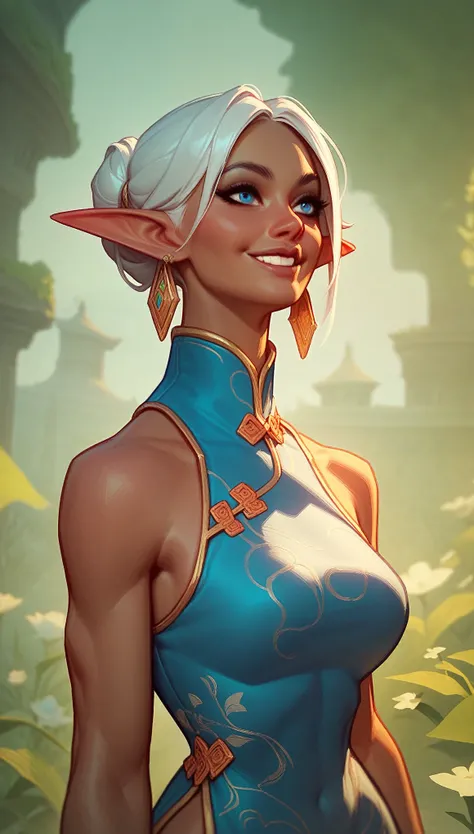 NSFW concept art, fantasy, elf, woman, short platinum hair, pointed ears, blue eyes, snide smile, dangling earrings in her ears, dark skin, in a tight blue qipao dress, nature, light, day, hd