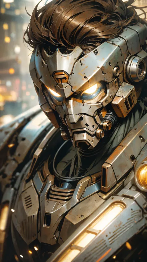 portrait photo of an alpha male, perfect eyes, in a worn mecha suit, ((light bokeh)), intricate, (steel metal [rust]), elegant, ...