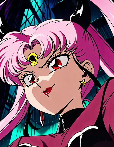 Sailor Moon Wicked Lady, Pink Hair, Red eyes, , Black Crescent Moon Mark on Forehead , very evil smirk,beautiful body,shaded face(eyes in evil shadow),((masterpiece,best quality)), absurdes,black dress,upper body,beautiful face,,looking down at viewer,tw...