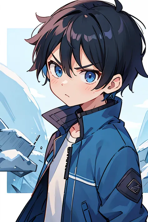 Anime boy with short black hair and blue eyes with winter jacket angry