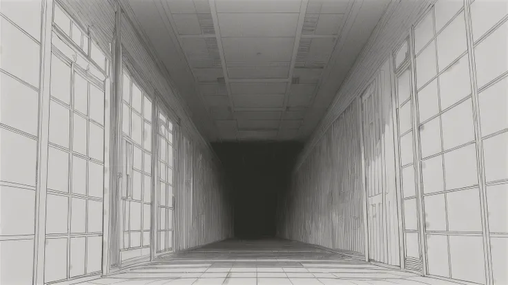 Ultra detailed manga background, 3-point perspective ((edificios destruidos exterior)), empty hallway with strong geometric shapes, white walls, high contrast black and white, clean line art, ink drawing style, ((depth and dimension)), dramatic shadows, pr...