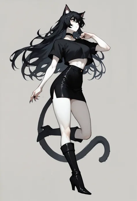 black cat girl with black hair, long hair, long boots, thick body, white skin, black mini shirt, black skirt