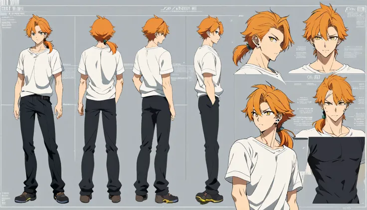 (character sheet:1.4), 1boy, male, male anime boy, 18 years old boy, orange hair, long shoulder lenght hair, low ponytail, line art, character sheet detailed, anime studio style, 4 different angles, highly detailed body parts, simple background, fit body, ...