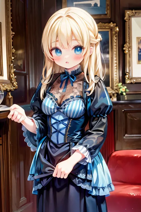 realistic、 virginia otis 1 blonde with blue eyes、victorian city,  europe. noble&#39;s daughter、3 elementary school young girls ，...