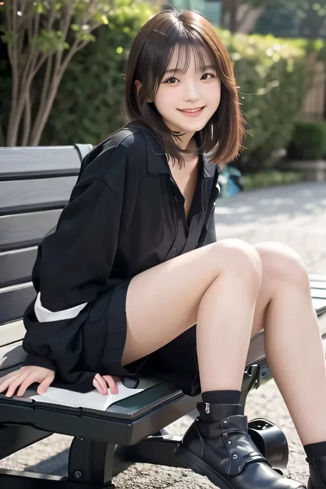 (masterpiece:1.2), Japanese, (18 years old), (a girl), long sleeves, ((black short pants)), (((legs spread widely on a bench))), breasts cleavage, smiling, (((view from too below))), park, 