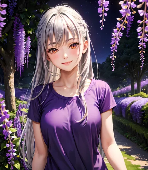 masterpiece, best quality, high detail, 1 girl, gray hair, orange eyes, (purple t shirt), outdoors, (night:1.3), stars, purple wisteria, trees, smile, realistic, (purple flowers, purple garden)