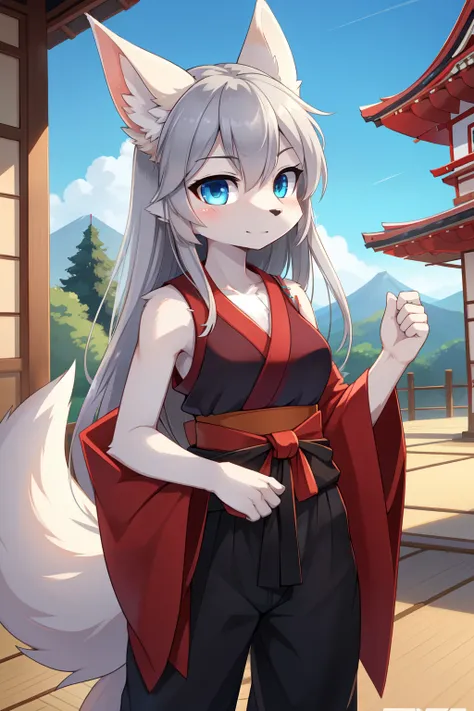 score_9,score_8_up,score_7_up, source_cartoon, source_furry, furry girl, kitsune girl, grey hair, long messy hair, blue eyes, medium breasts, detailed body fur, ((red kimono top, sleeveless, black hakama pants, japanese clothes)), looking at you, white bod...