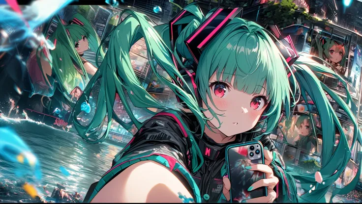 Im watching iPhone 、Smartphone、 movie scene、 Imprint Image、8k、 Hatsune Miku、 green hair、、Smartphone、 digital world 、digital cage、Blunt Bangs、 red eye color 、Super detailed、8k、bubble、Right blue water 、nice、bright、 green haired girl 、 digital splash