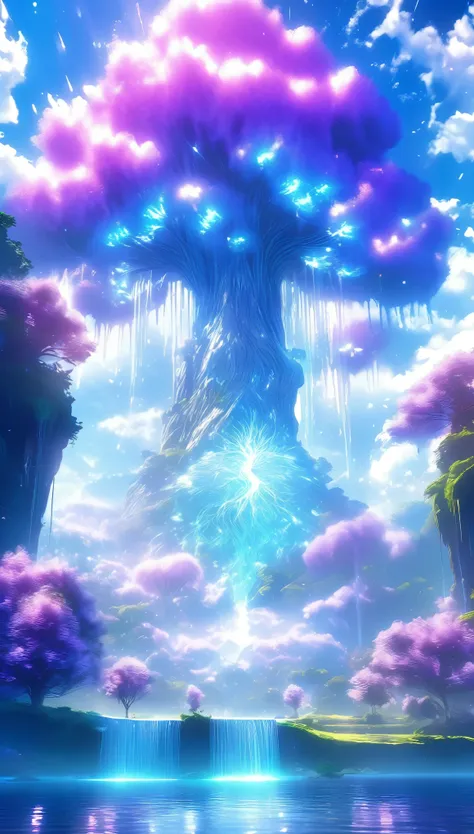 Surreal illustration ,  supernatural ,  Ultra-aerial scene featuring the full body of a giant crystal tree, highly detailed and magical lighting , Intricate forest details, Surrounding greenery and river., solarpunk ,landscape, Giant tree,   Beautiful foli...