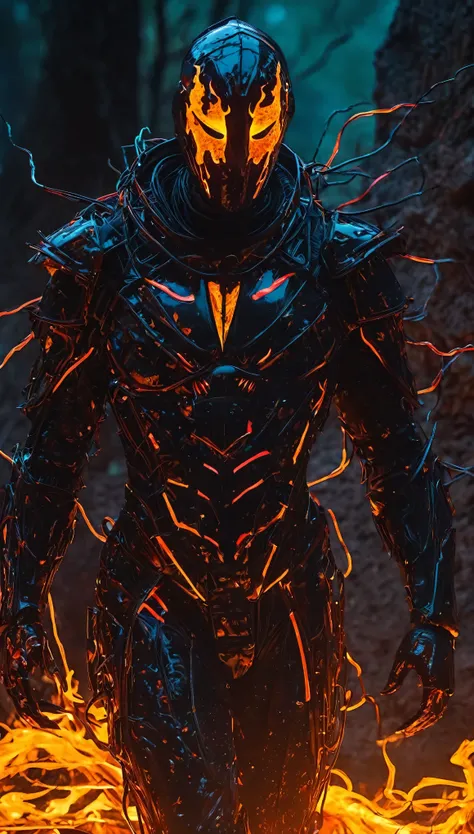 Emerging from a scorched wasteland, The Ember Wraith is a nightmarish fusion of searing fire and glowing neon wires. Its body is engulfed in living flames, crackling and roaring with a life of their own, while sharp, metallic neon wires twist chaotically t...