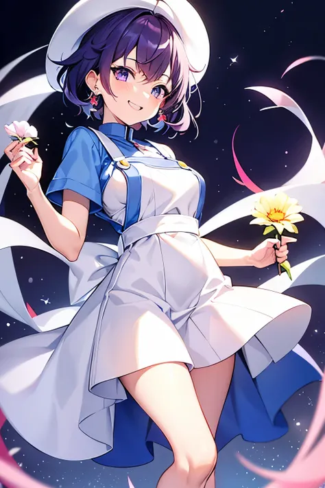 An anime-style girl is wearing a bright White shirt, blue overalls and a red hat.
She is holding a round white flower in her hand.
The flower is a Super Mario flower.
She is smiling, showing her teeth.

She has very short hair, wavy hair with sideburns,wea...