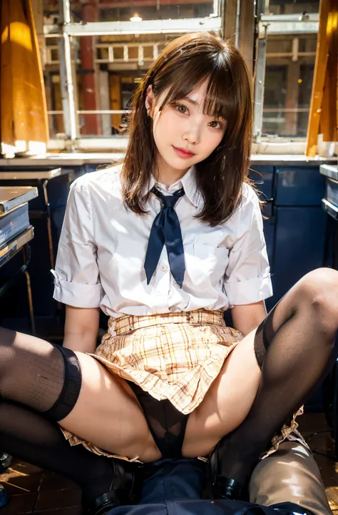 School Uniform、 knee-high socks 、Brown Hair、 short hair while standing、 cute face、‎Classroom、tight、 spreading legs 、  Sexy Underwear 、Open your legs boldly 、tight、Mature Look、 plaid skirt 、 white shirt 、tie、 you can clearly see the shape of your pubic area...