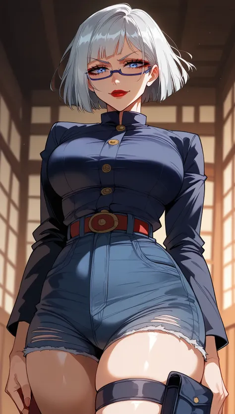  perfect eyes、Perfectly sexy face、Ultra Detailed、white eye lashes 、blue eyes、 Satoru Gojos dark glasses、Satoru Gojo、Jujutsu Kaisen、Female version、silver hair、 short hair with bangs、shiny hair、( Big breasts ), black shirt、black jacket、Tight Waist、thin waist...