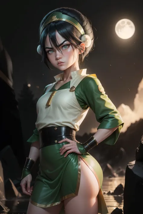 Ultra detailed ,beautiful  , delicada ,Toph beifong ,   girl ,japonese  girl ,1girl , flat  chest , green  clothes , Black hair, blind ,angry face ,night moon  background ,Beautiful face.  , standing . Rock .