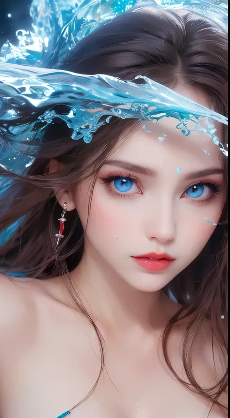 A beautiful woman face close up, seductive look, sharp face, blue eyes,red lips, Majestic artistic look,water pouring on her face, ultradetailed, perfect composition