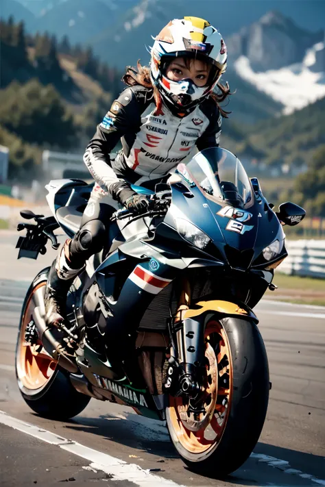 yamaha r1z, the racer girl, best quality, ultra wide angle, small breasts,  brown skin, wearing alpine star racing boots,