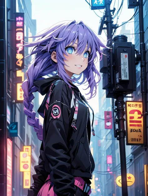 Masterpiece picture quality,Rainbow,Urban girl,ssmile,number art,style of anime,Retro anime girl,Punk girl,in an anime style,dual horsetail,Trendy,neonlight,depth of fields, perfil lateral delantero, ropa urbana