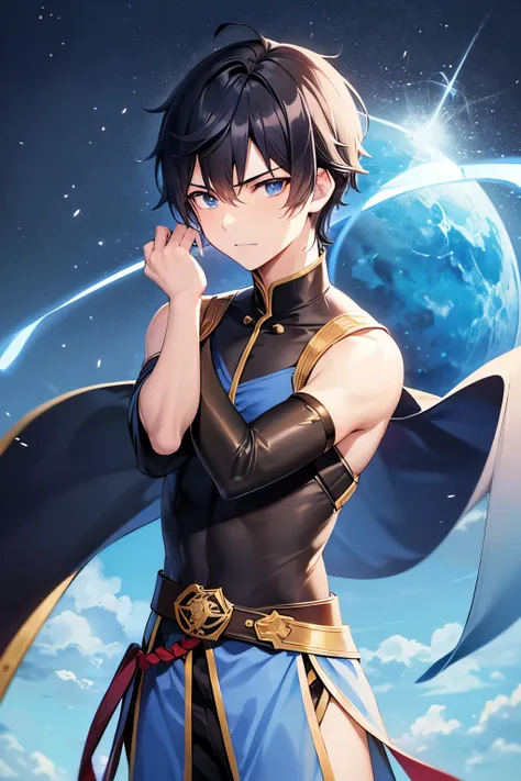 main character： Yuma Clade

FEATURES :  Black Haired Headband Shorthair 、Boy with blue eyes 。 looks like a normal boy 、 Actually has special powers 、 he is a hero chosen to defeat genies 。

character:  has excellent abilities as a swordsman 、冷静かつ真摯なcharact...