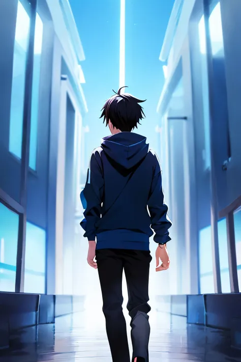 anime boy with black hair and light blue hoodie backview, cant see his face