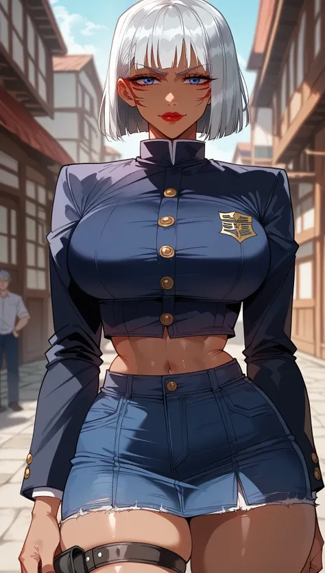  perfect eyes、 perfectly sexy face、Ultra Detailed、blue eyes、Satoru Gojo、Jujutsu Kaisen、Female version、silver hair、 short hair with bangs、shiny hair、( Big breasts ), black shirt、black jacket、Tight Waist、thin waist、dark blue denim skirt、 Thigh straps 、shiny ...