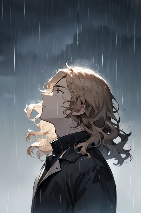 
1 chico,  male approach , exterior, rain, ( better quality), ( quality), aesthetics, illustration,  wavy hair ,  perfect composition, With a look in the sky, profile face.