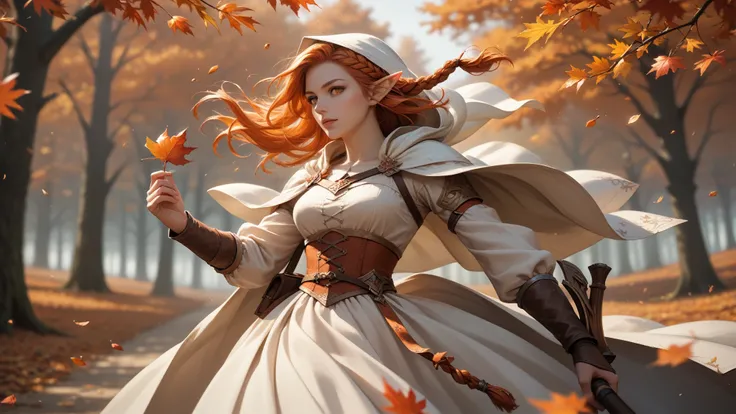 score_9, score_8_up, score_7_up, (masterpiece, UHD, 8K, 16K, ultra detailed), sfw, upperbody shot, 1girl, elf, orange eyes, one side braided hair, ginger hair, holding a red leaf, white dress with hood, intricate details, (murmuring leaves), (wind:1.2), (m...