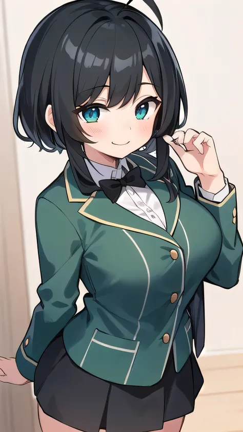 Junior high school student who looks like an elementary school student, , very short, 140 cm tall, black hair with a slight green tinge, short ahoge, beautiful long hair but with a little hair sticking out, beautiful round eyes, blue eyes, smile, boyish, l...