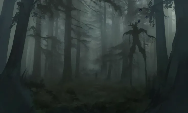 , close-up of a man,  walking through the forest with an eerie tree , Creepy forest ,  dark forest concept art, Evil forest, in a Creepy forest , A mysterious and scary forest, In the forest, created out of nightmares , The Dark Forest Looms, enchanted for...