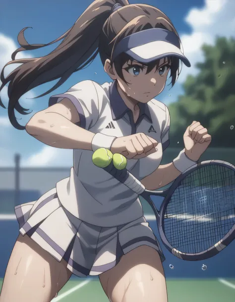 score_9, score_8_up, score_7_up, gsfghtr, ponytail, tennis uniform, 1girl, sweaty, tennis field, blue sky