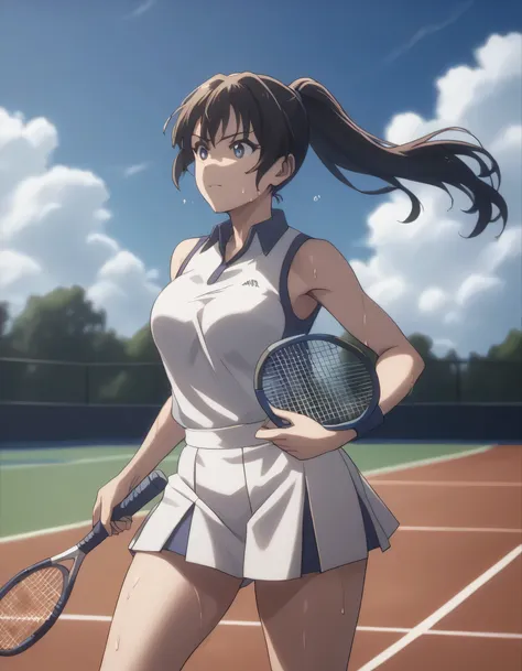 score_9, score_8_up, score_7_up, gsfghtr, ponytail, tennis uniform, 1girl, sweaty, tennis field, blue sky