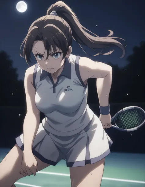 score_9, score_8_up, score_7_up, gsfghtr, ponytail, tennis uniform, 1girl, sweaty, tennis field, night, moon