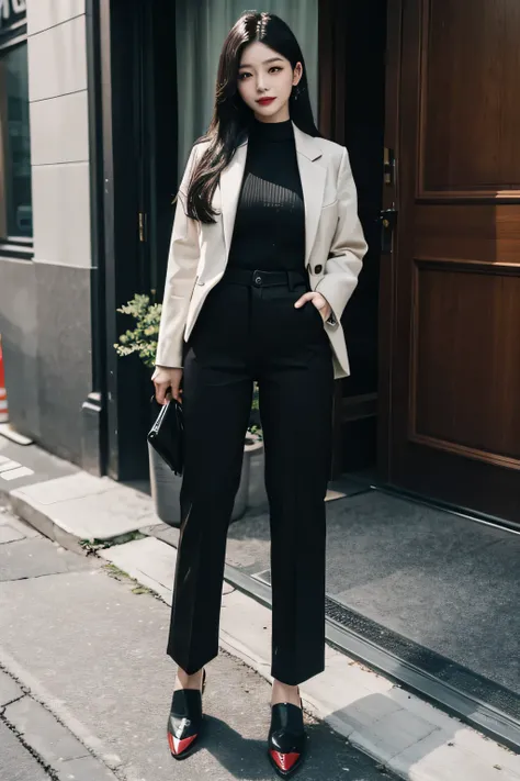 korean woman, 30 years old, wearing black pants,  long black hair ,  red lips 