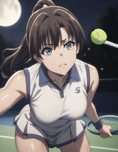 score_9, score_8_up, score_7_up, gsfghtr, ponytail, tennis uniform, 1girl, sweaty, tennis field, night, moon