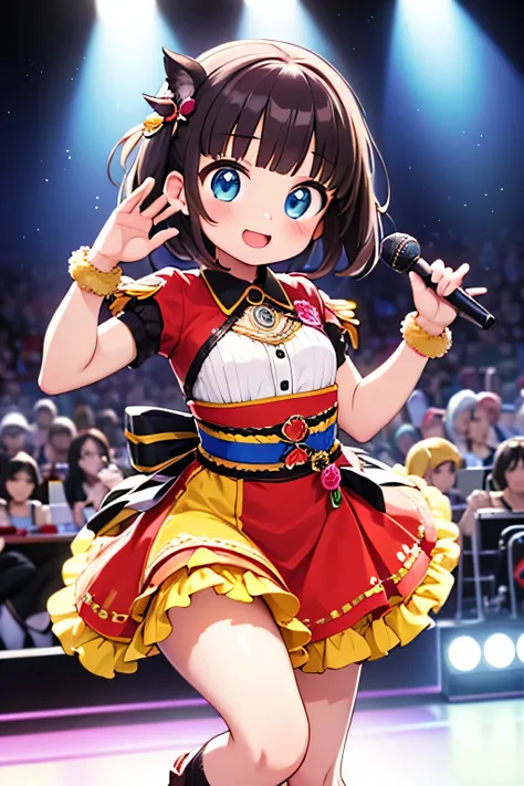 A vibrant, idol-themed scene featuring young performers in dazzling, colorful costumes with detailed, sparkling accessories, set on a glamorous stage with bright spotlights and a lively crowd in the background, inspired by the magical world of Kiratto Pri?...