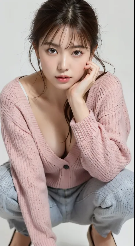 Top quality, one beautiful woman, wearing light pink V-neck Sweater, 35mm lens, f/1, upper body, crouching (white background: 1.3), flat chest, looking at viewer
