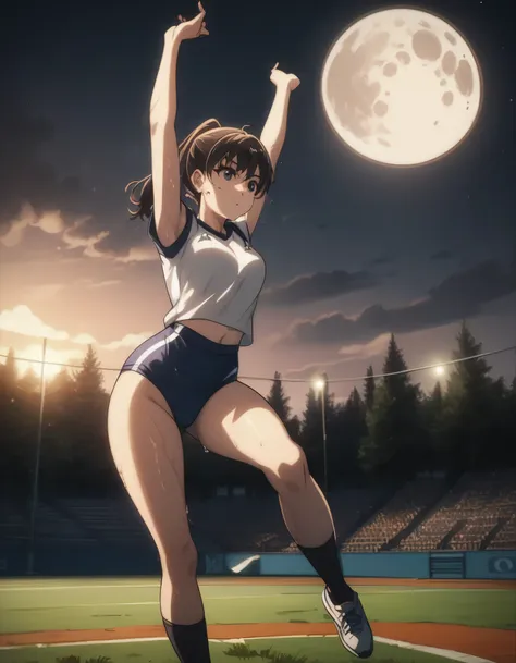 score_9, score_8_up, score_7_up, gsfghtr, gymnastics uniform, 1girl, sweaty, outdoor field, moon, night, lighting