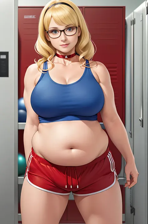 Bernadette Rostenkowski, (Bernadette Rostenkowski :1.5), masterpiece quality, (masterpiece quality:1.3), detailed, realistic, (realistic:1.3), 1girl, solo, (solo:1.9), alone, in a gym, gym lockers in background, (gym lockers in background:1.5), blonde hair...