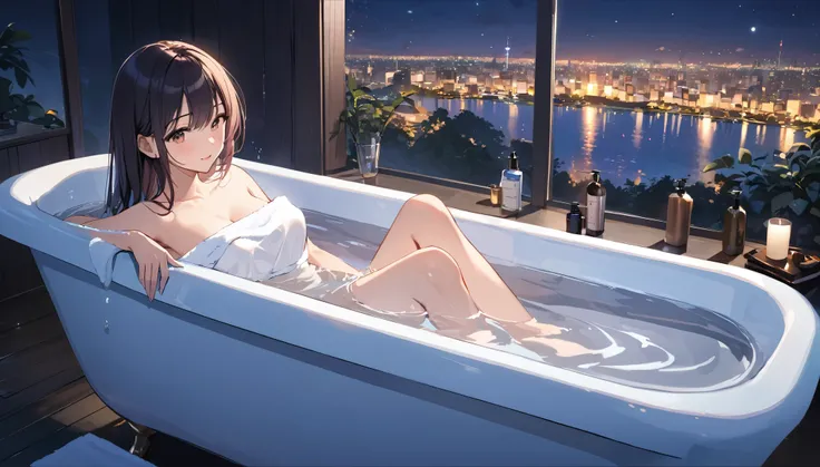 Best Quality,girl taking a bath,night,relax,Large bathtub