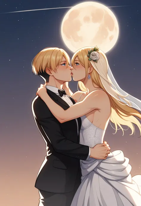 score_9, score_8_up, score_7_up, BREAK source_anime, historia reiss, blue eyes, blonde hair, long hair, medium breasts,Historia  beautiful wedding dress white,female black hair soldier with historia,Mikasa with historia are married ,mikasa wreanig black tu...