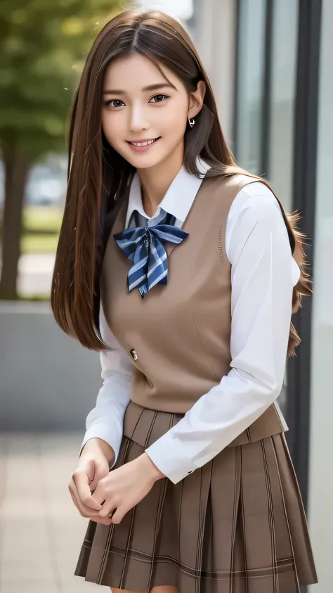 (Highest quality, 4K, 8k, High resolution, masterpiece, Genuine, Realistic, Realistic:1.3), (upper body), Girl standing in a school changingroomand touching skirt, blue neckerchief Uniform, Dark Blown Blazer, blown plaid skirt, Ear piercing, Gal Makeup, we...