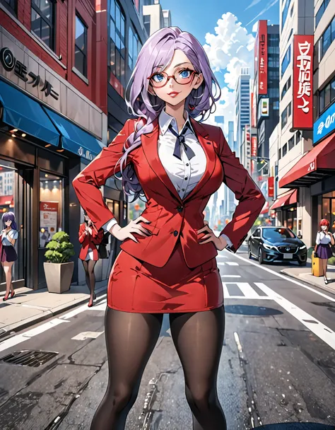 Ultra-high image quality, anime style: Super detail, super high resolution, purple hair woman, beautiful perfect, Bright White Single Hair Tray, big blue eyes, Glasses, seductive, big and thick lips, loving expression, lewd expression, perfect proportions,...