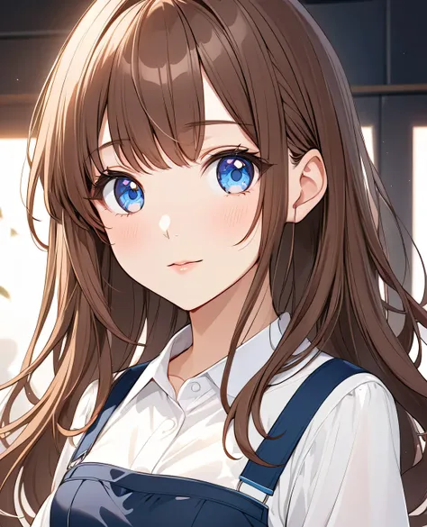 anime girl with brown hair， blue eyes 。Anime girl with brown hair in a white shirt and blue suspenders ,  Anime Vision of a Cute Girl , Beautiful anime girl, Anime girl with long hair, Pretty anime girl,  cute anime girl , Portrait Anime Girl, Beautiful an...