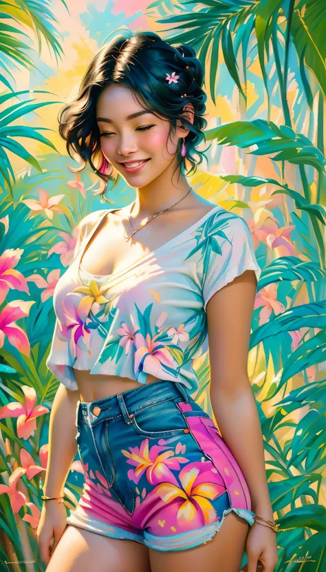 Neo-impressionism expressionist style oil painting. Portrait upper body centered. A young woman wearing a plumeria flower design t-shirt and jean shorts with tropical flowers in her Asian multi-color hair, one eye closed, smiling. smooth post-impressionist...