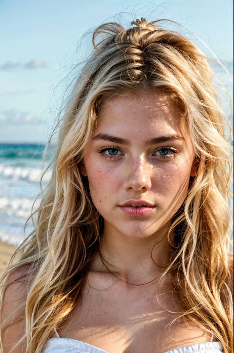 young girl, teen,scandinavian norwegian features, blonde wavy hair, white skirt,toppless, on beach, portrait, zoom with blur, fit body, perfect body,light golden shade, clear blue eyes, long voluminous eyelashes, thick and well-groomed eyebrows, soft natur...