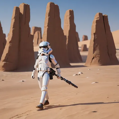 Miniature photograph of a Stormtrooper with Star Wars weapon walking through the desert leaving footprints in the sand cinematic dramatic lighting, blurred desert background.