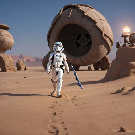 Miniature photograph of a Stormtrooper with Star Wars weapon walking through the desert leaving footprints in the sand cinematic dramatic lighting, blurred desert background.