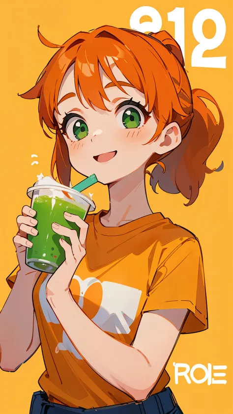 20-year-old women、 orange hair holding、 ponytail、Beautiful green eyes、Looking upwards 、The upper body is an orange t-shirt、Holding a cup filled with drinks、smile、delicious、No background、Background white