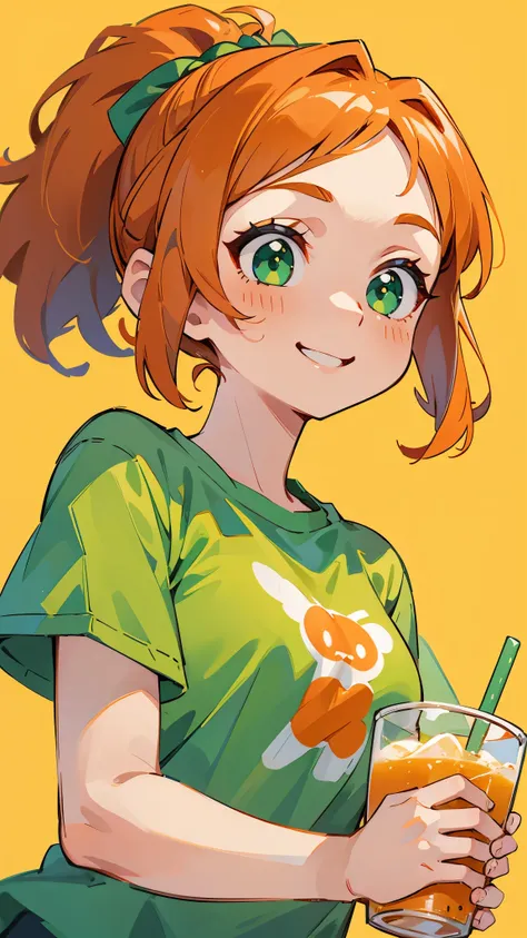 20-year-old women、 orange hair holding、 ponytail、Beautiful green eyes、Looking upwards 、The upper body is an orange t-shirt、Holding a cup filled with drinks、smile、delicious、No background、Background white